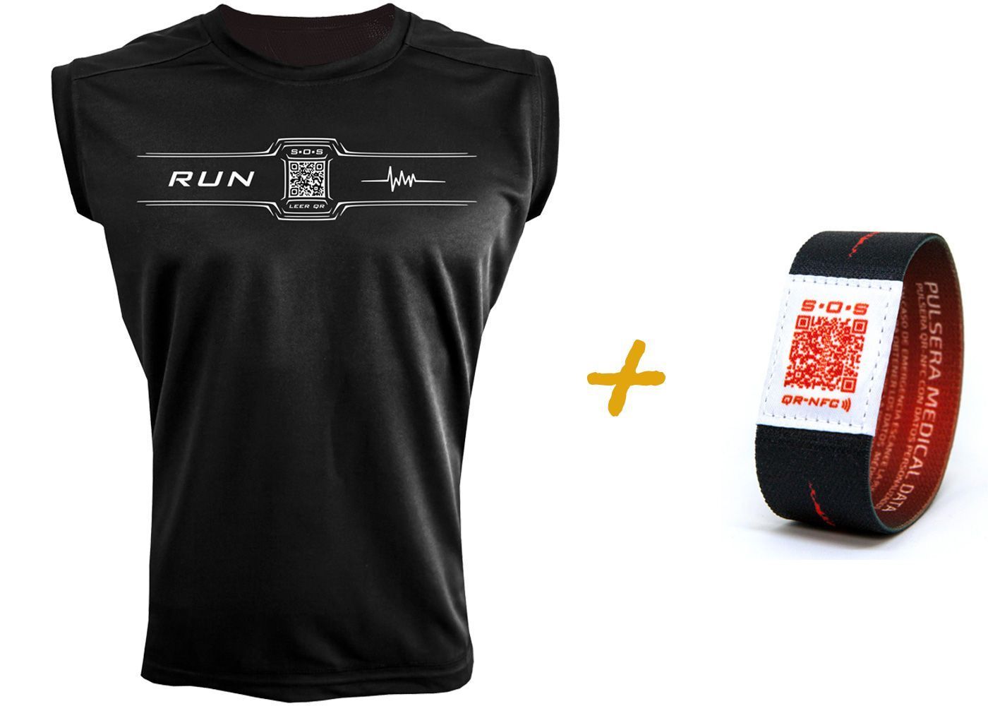 Pack de Camiseta QR Hombre Sin Mangas Negra + Pulsera QR